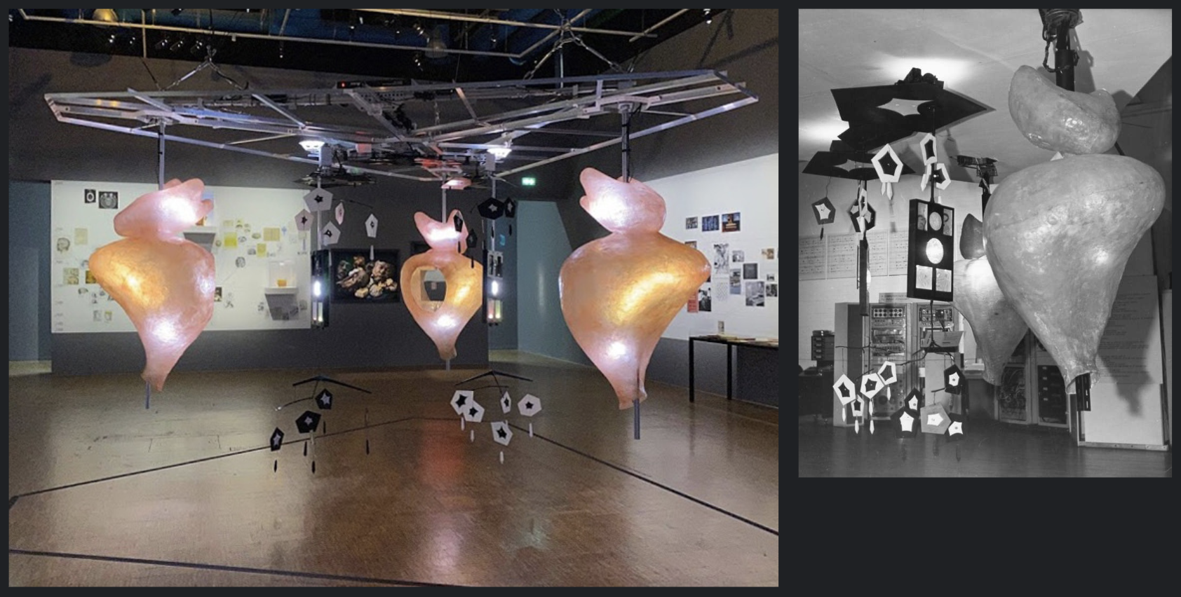 photos of hanging biomorphic mobiles with lights and sensors