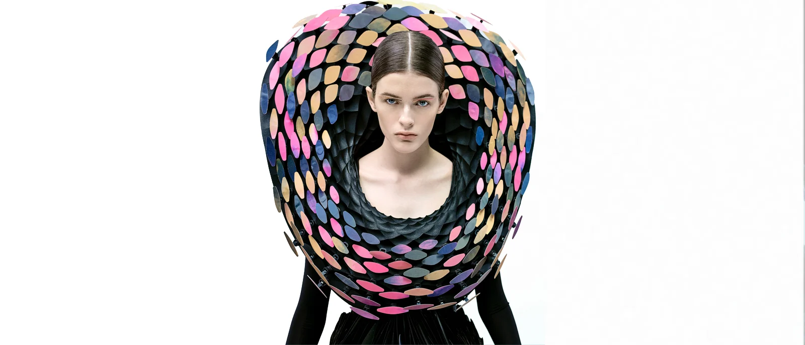 woman with colored ruffled collar